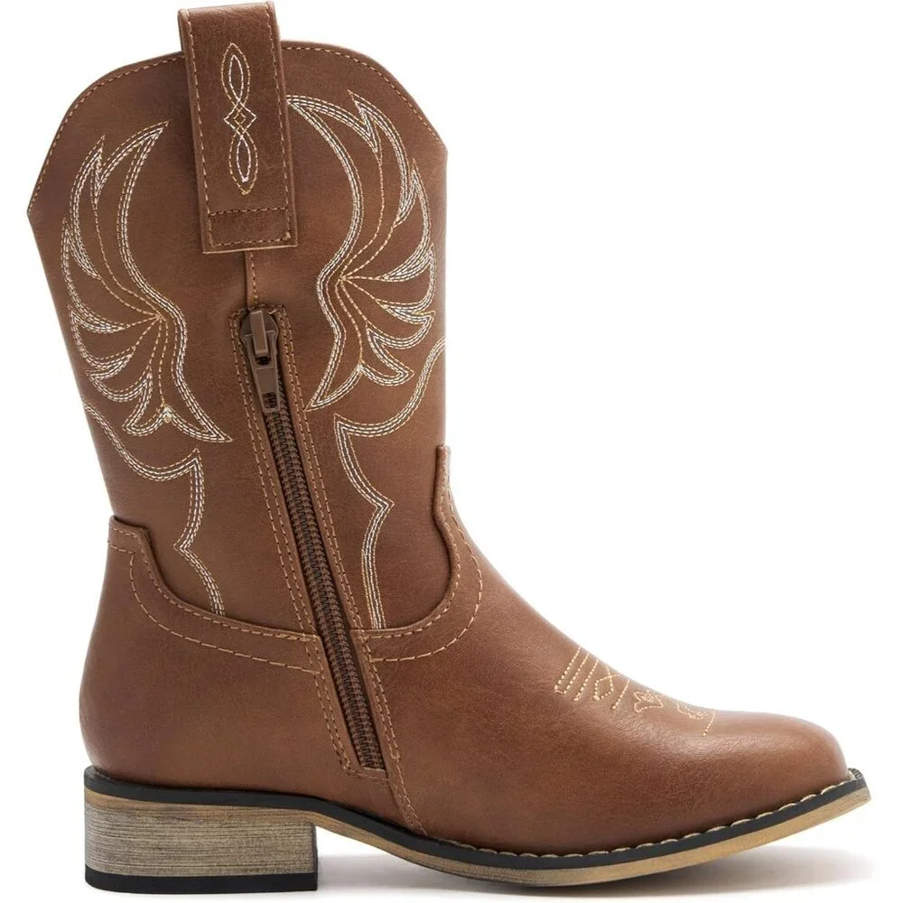 ⚡Girls Brown Embroidered Cowgirl Boots Western Square Toe Mid Calf Riding Shoes